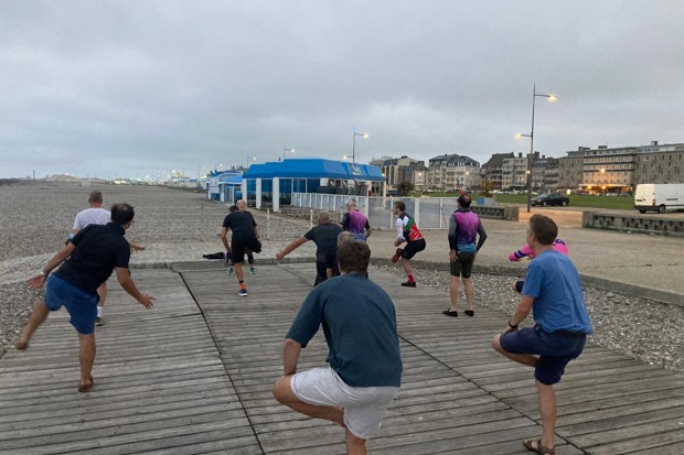 Warming up on the beach in Dieppe before setting off on the French leg of the ride